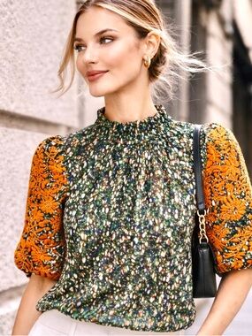 THML Anthropology Green Floral Embroidered XS Textured High Neck Statement Top